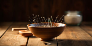 acupuncture needles stood up in a bowl of sand.